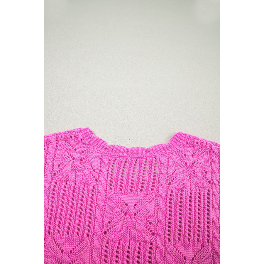 Bonbon Pointelle Knit Patterned Scalloped Trim Short Sleeve Sweater Sweaters & Cardigans/Short Sleeve Sweaters