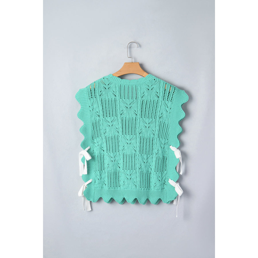 Bonbon Pointelle Knit Patterned Scalloped Trim Short Sleeve Sweater Sweaters & Cardigans/Short Sleeve Sweaters