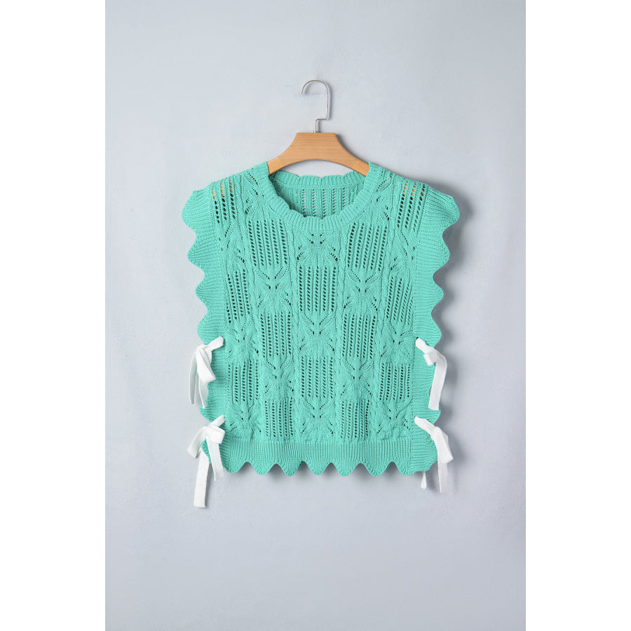 Bonbon Pointelle Knit Patterned Scalloped Trim Short Sleeve Sweater Sweaters & Cardigans/Short Sleeve Sweaters