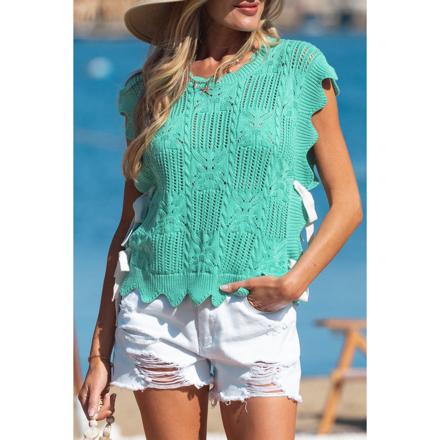 Bonbon Pointelle Knit Patterned Scalloped Trim Short Sleeve Sweater Sweaters & Cardigans/Short Sleeve Sweaters