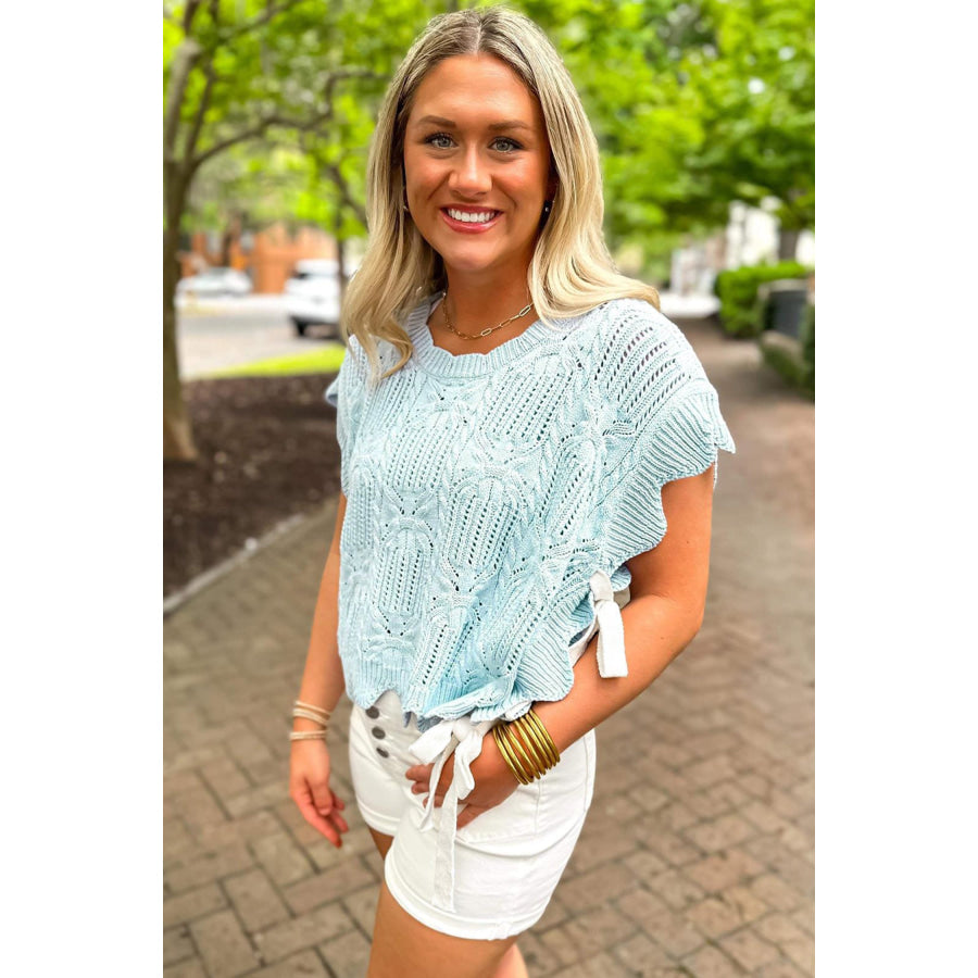 Bonbon Pointelle Knit Patterned Scalloped Trim Short Sleeve Sweater Sweaters & Cardigans/Short Sleeve Sweaters