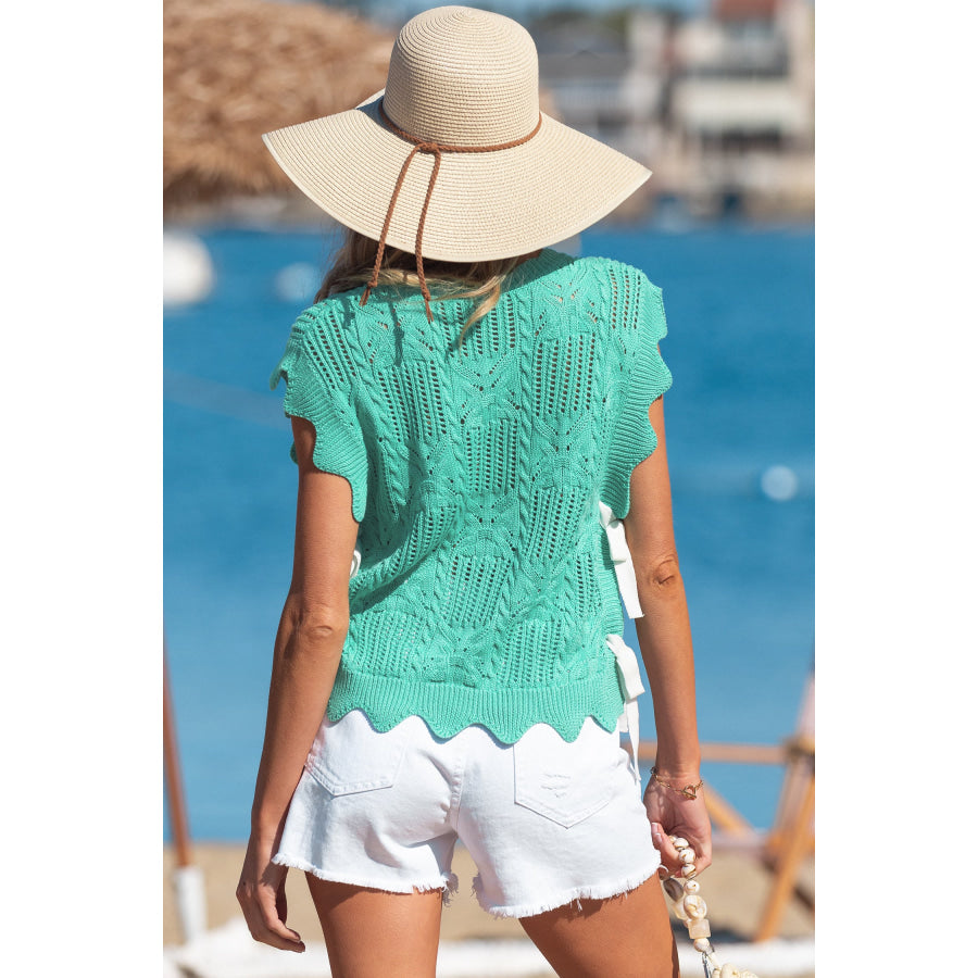 Bonbon Pointelle Knit Patterned Scalloped Trim Short Sleeve Sweater Sweaters & Cardigans/Short Sleeve Sweaters