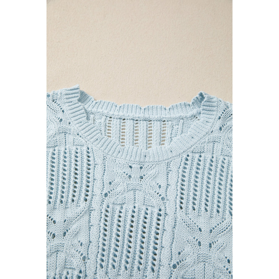 Bonbon Pointelle Knit Patterned Scalloped Trim Short Sleeve Sweater Sweaters & Cardigans/Short Sleeve Sweaters