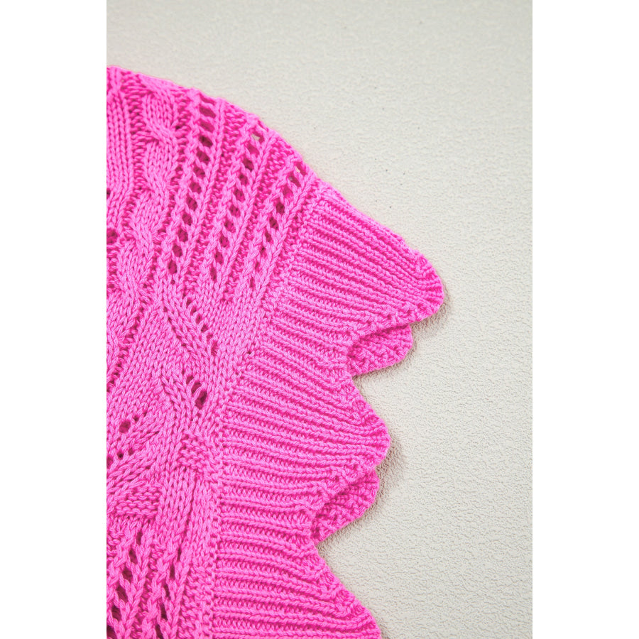 Bonbon Pointelle Knit Patterned Scalloped Trim Short Sleeve Sweater Sweaters & Cardigans/Short Sleeve Sweaters