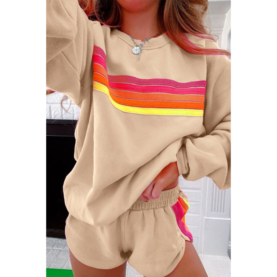 Bonbon Striped Accent Pullover and Shorts Two Piece Casual Set Apricot / S / 50% Polyester + 50% Cotton Two Piece Sets/Short Sets