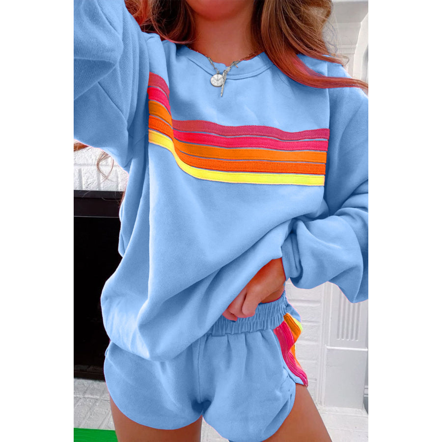 Bonbon Striped Accent Pullover and Shorts Two Piece Casual Set Beau Blue / S / 50% Polyester + 50% Cotton Two Piece Sets/Short Sets