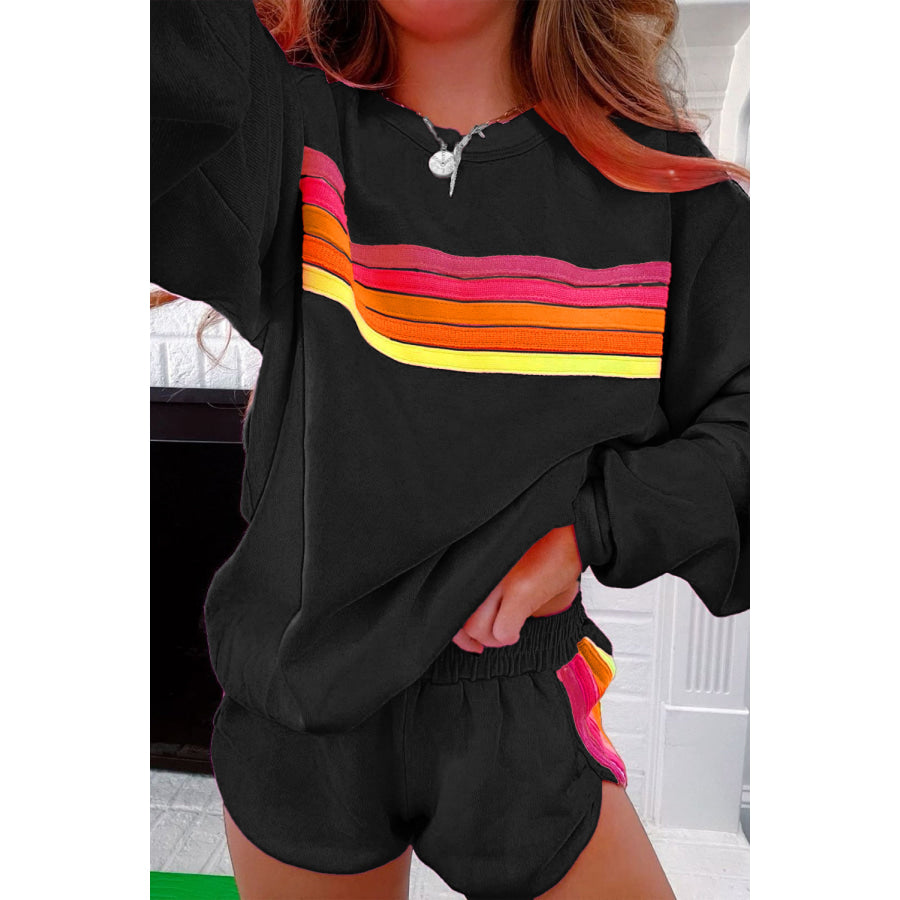 Bonbon Striped Accent Pullover and Shorts Two Piece Casual Set Black / S / 50% Polyester + 50% Cotton Two Piece Sets/Short Sets