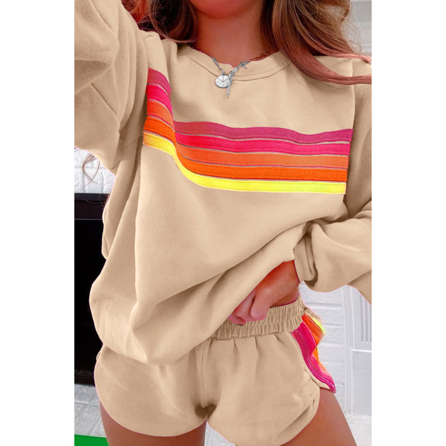 Bonbon Striped Accent Pullover and Shorts Two Piece Casual Set Two Piece Sets/Short Sets