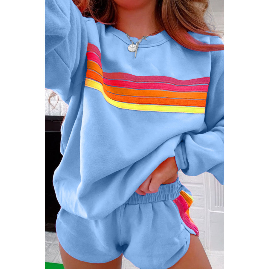 Bonbon Striped Accent Pullover and Shorts Two Piece Casual Set Two Piece Sets/Short Sets