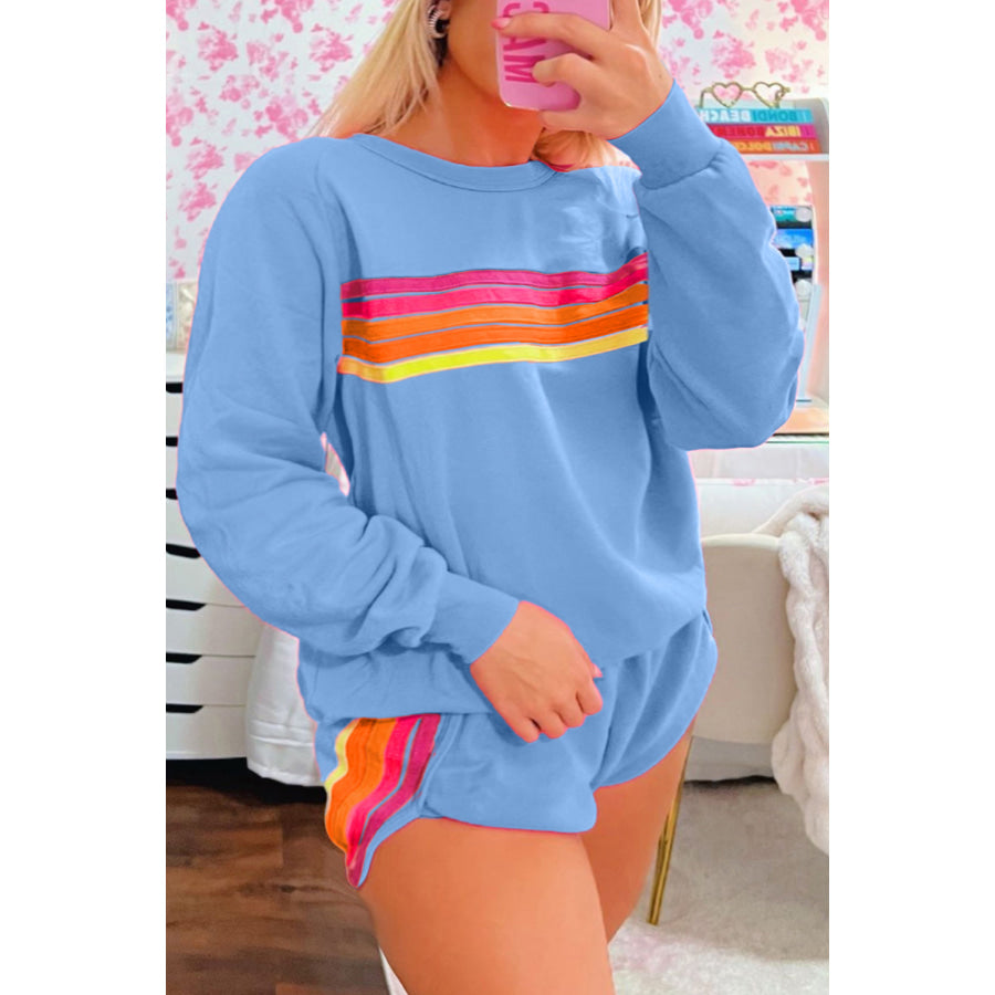 Bonbon Striped Accent Pullover and Shorts Two Piece Casual Set Two Piece Sets/Short Sets