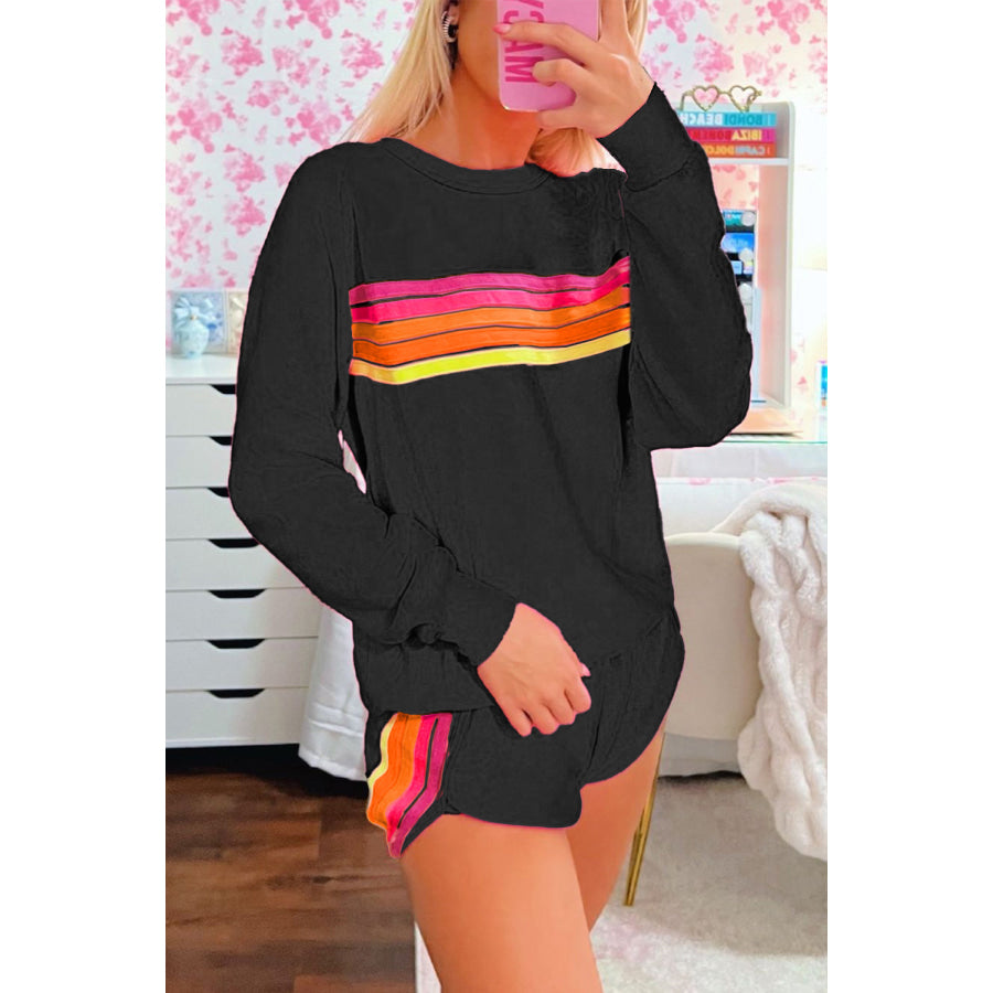 Bonbon Striped Accent Pullover and Shorts Two Piece Casual Set Two Piece Sets/Short Sets