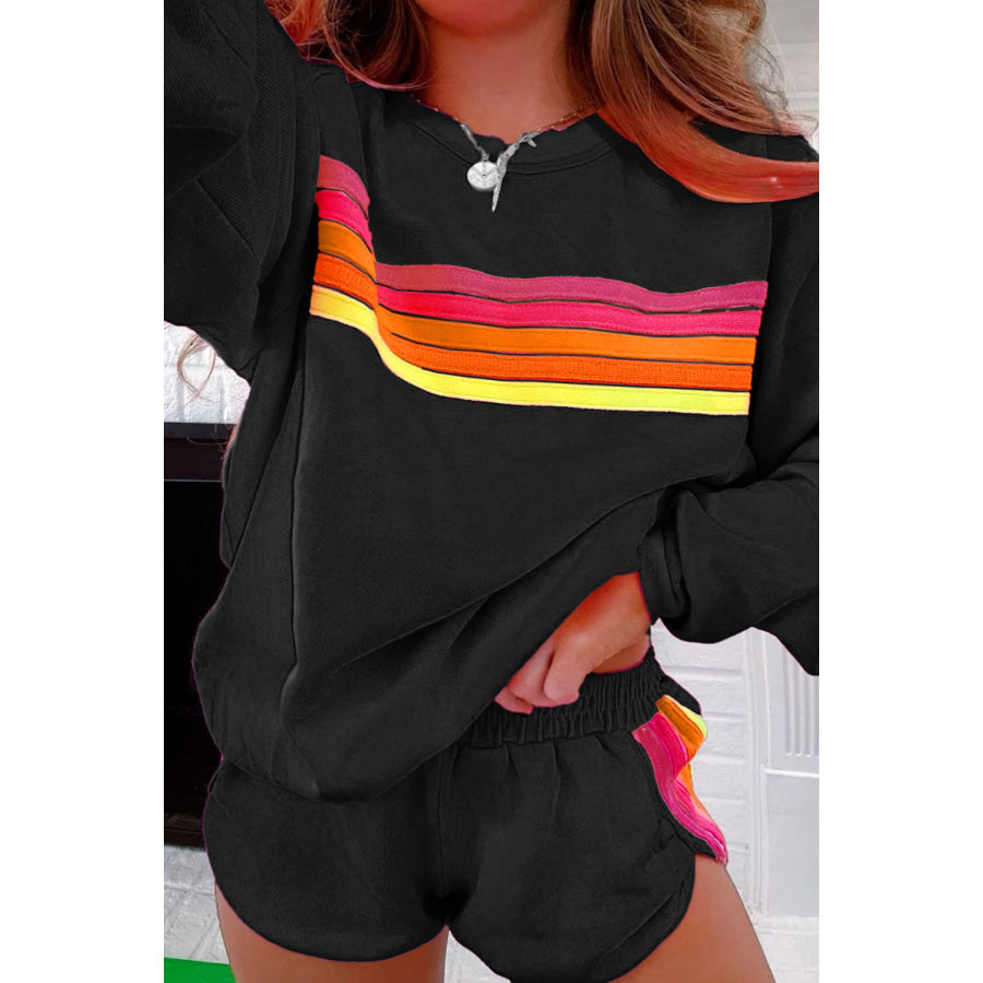 Bonbon Striped Accent Pullover and Shorts Two Piece Casual Set Two Piece Sets/Short Sets