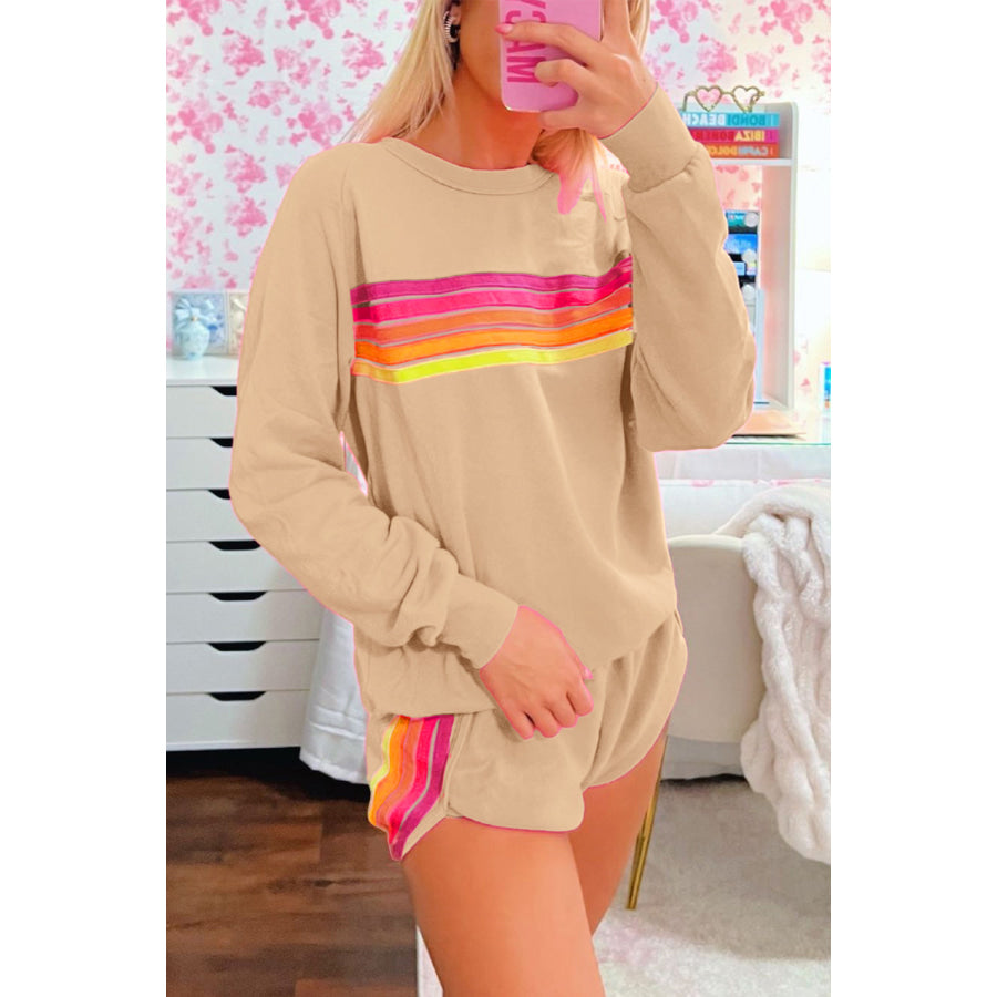 Bonbon Striped Accent Pullover and Shorts Two Piece Casual Set Two Piece Sets/Short Sets