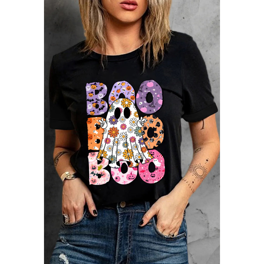 BOO Ghost Graphic Round Neck Short Sleeve T-Shirt Apparel and Accessories