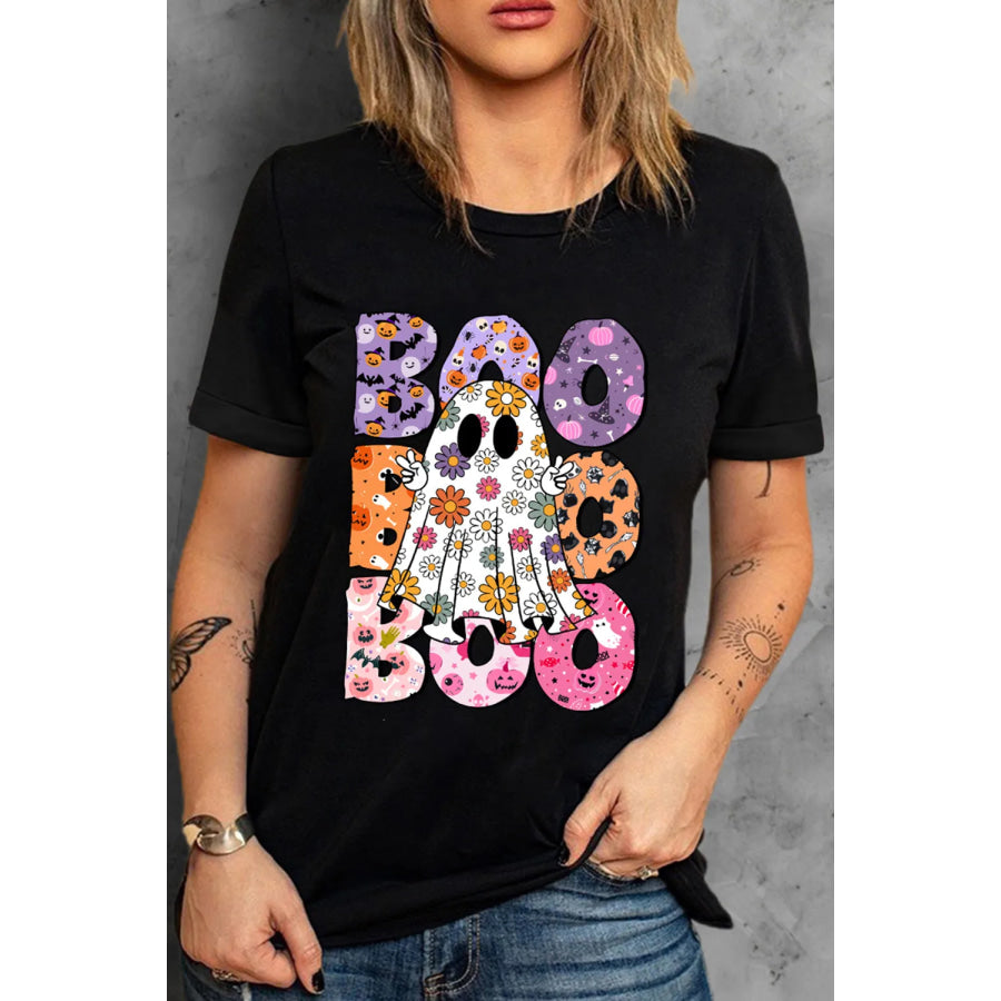 BOO Ghost Graphic Round Neck Short Sleeve T-Shirt Black / S Apparel and Accessories