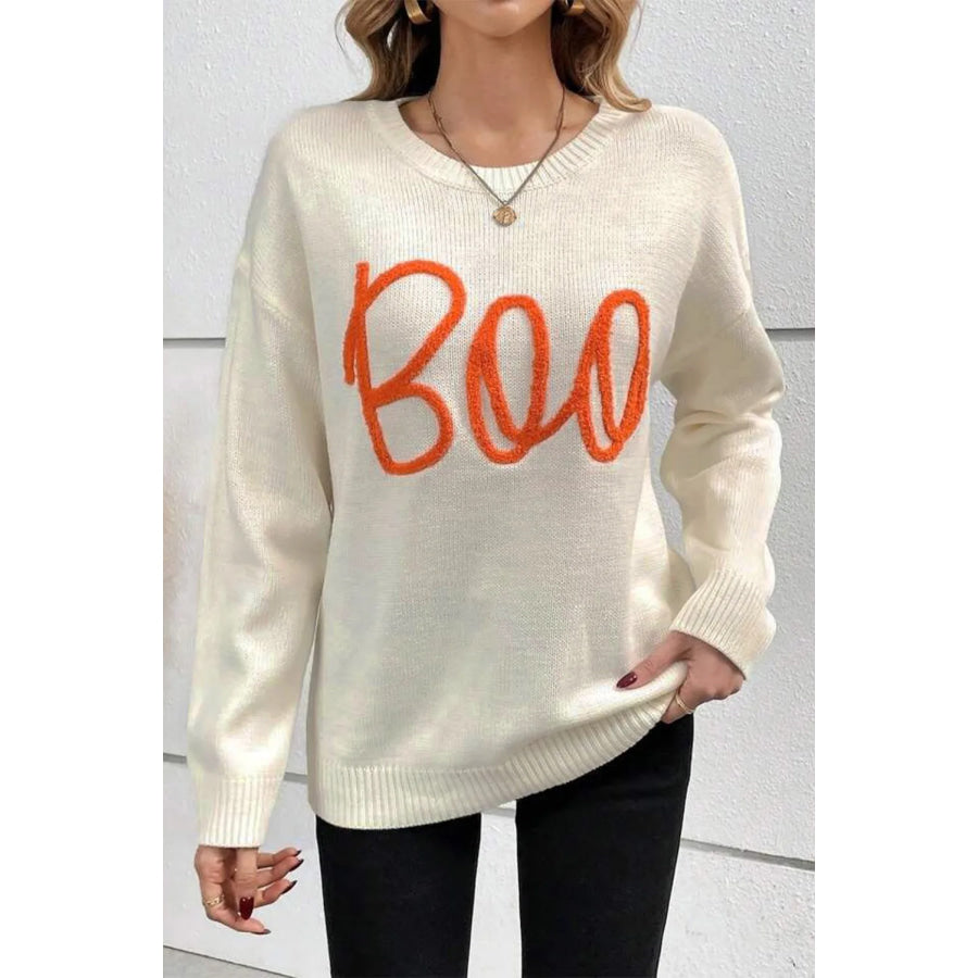 BOO Round Neck Long Sleeve Sweater Ivory / S Apparel and Accessories