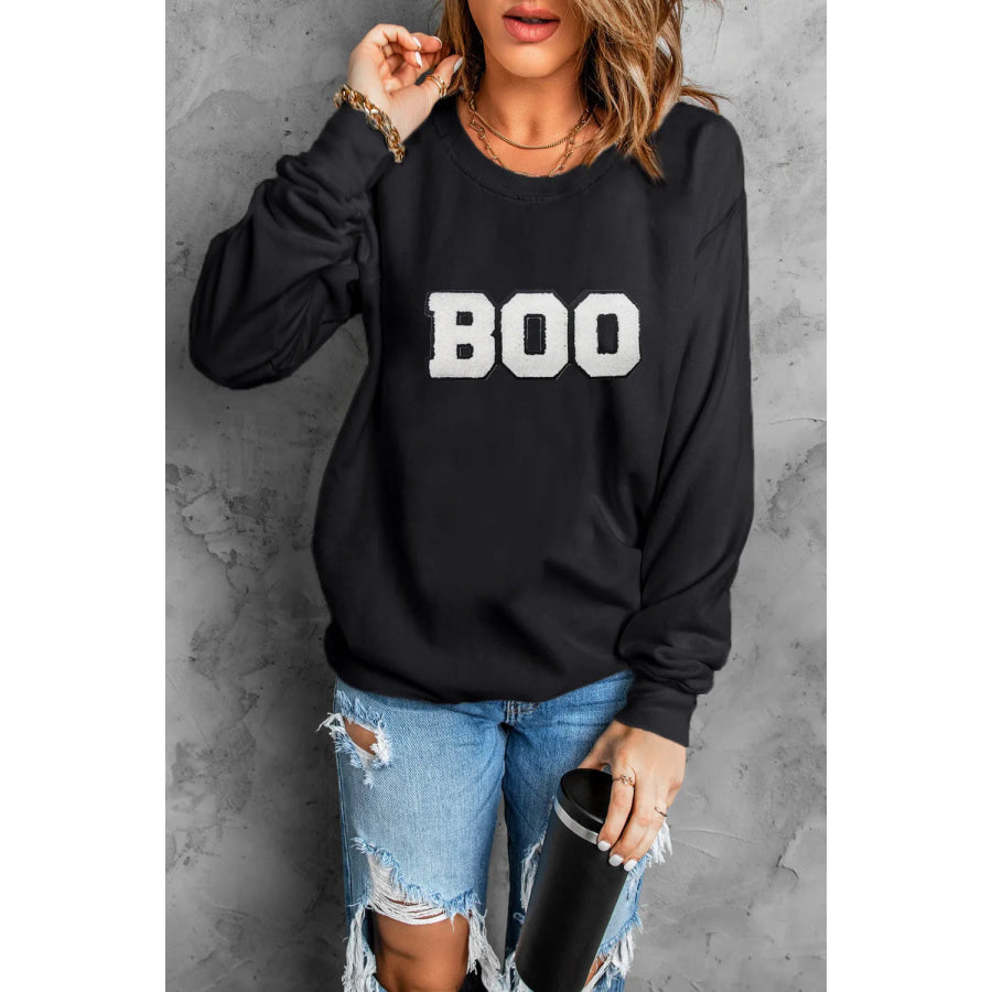 BOO Round Neck Long Sleeve Sweatshirt Black / S Apparel and Accessories