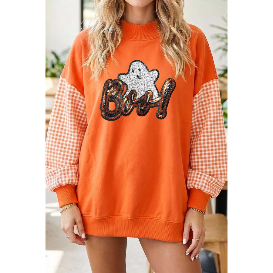 Boo Sequin Ghost Plaid Patchwork Sleeve Halloween Sweatshirt Apparel and Accessories