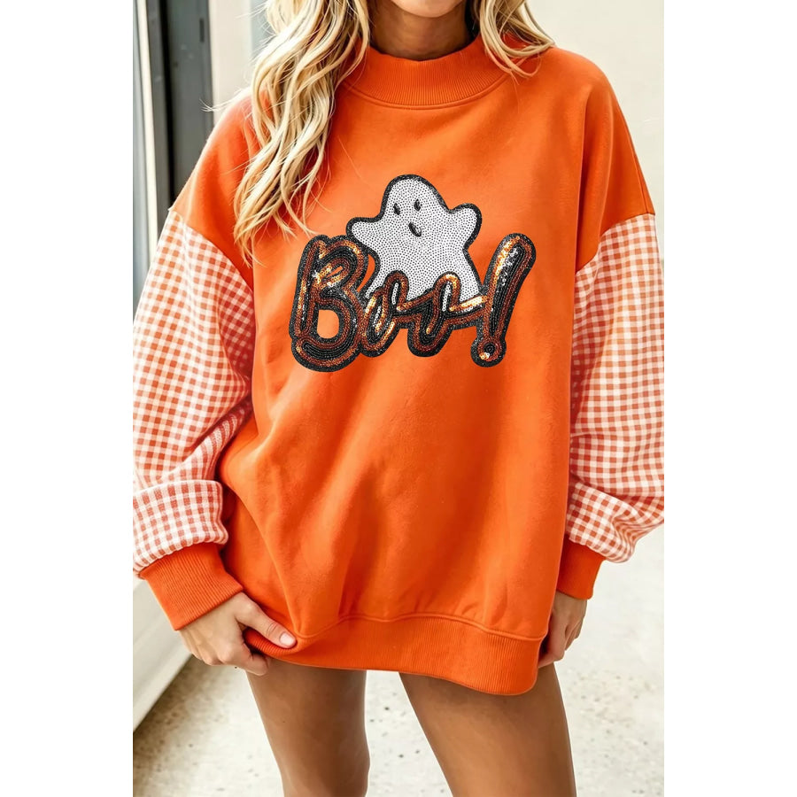 Boo Sequin Ghost Plaid Patchwork Sleeve Halloween Sweatshirt Orange / S Apparel and Accessories