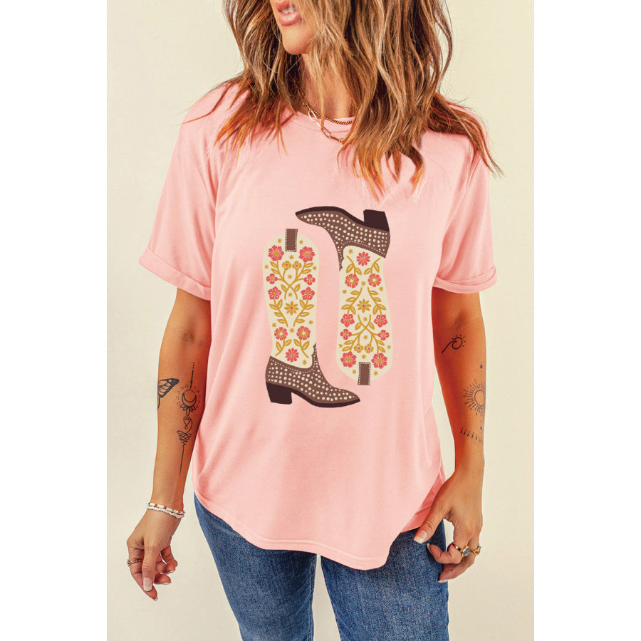 Boot Graphic Round Neck Short Sleeve T-Shirt Watermelon pink / S Shirts & Tops