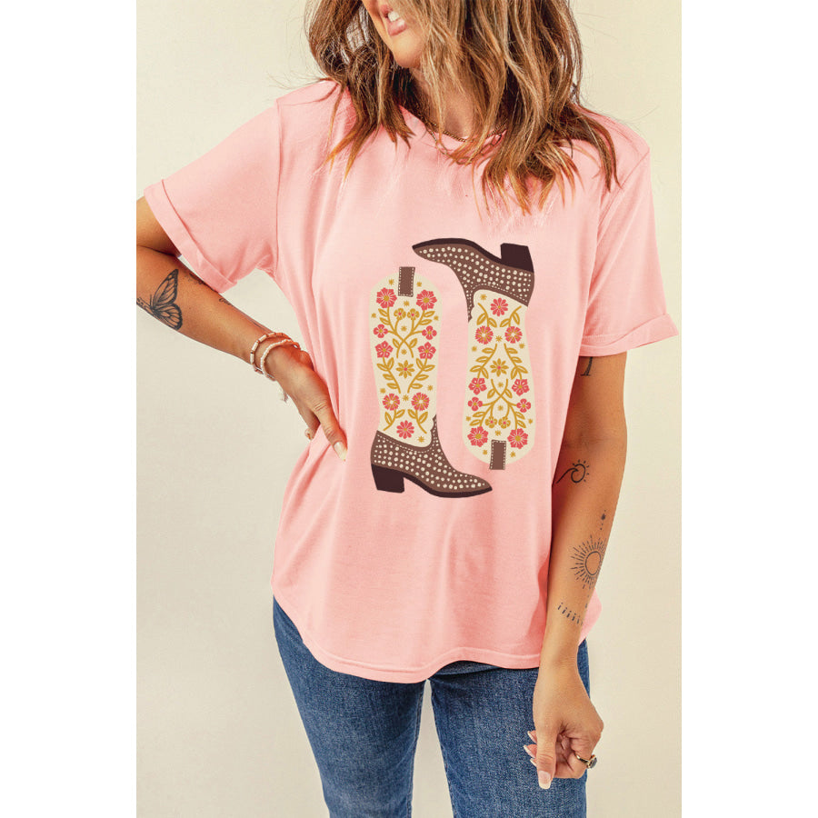 Boot Graphic Round Neck Short Sleeve T-Shirt Watermelon pink / S Shirts &amp; Tops