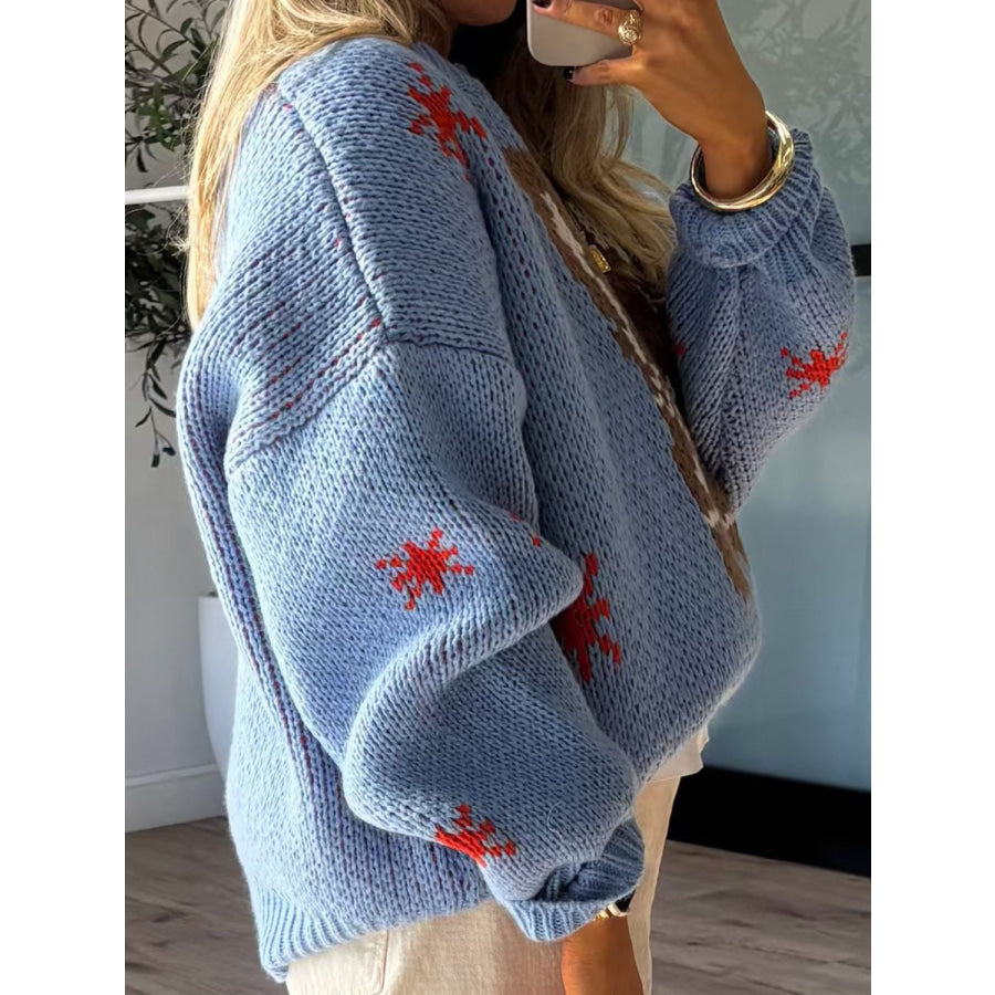 Boot Pattern Round Neck Dropped Shoulder Sweater Light Blue / S Apparel and Accessories