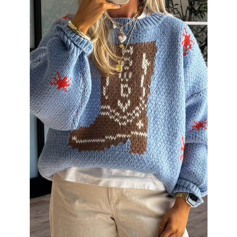 Boot Pattern Round Neck Dropped Shoulder Sweater Light Blue / S Apparel and Accessories