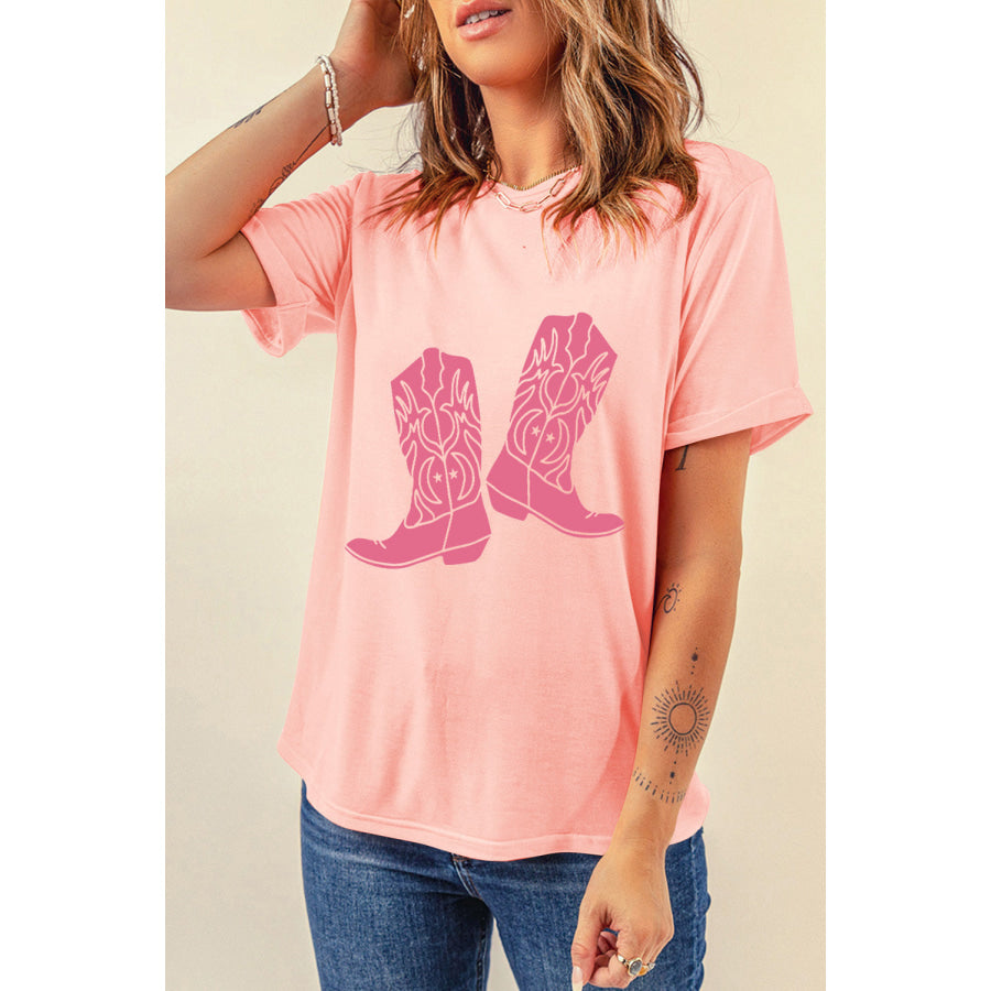 Boots Graphic Round Neck Short Sleeve T-Shirt Blush Pink / S Apparel and Accessories