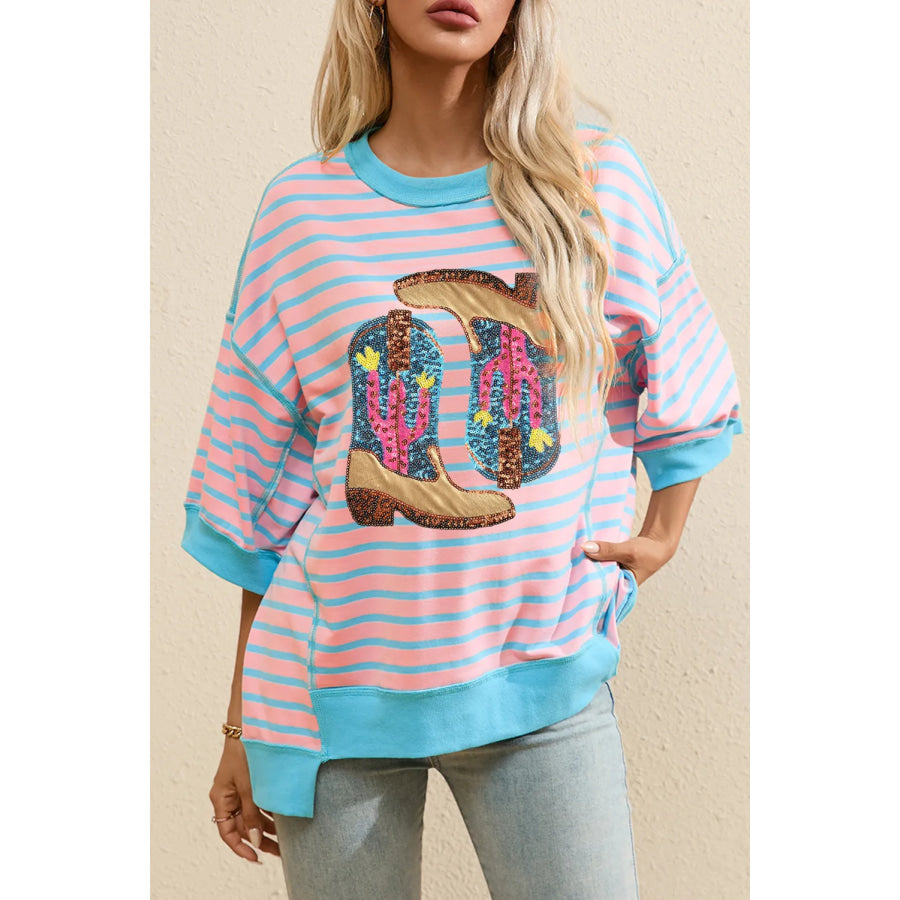 Boots Striped Round Neck Half Sleeve T-Shirt Blush Pink / S Apparel and Accessories