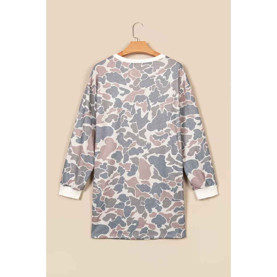 Botanical Camo Print Long Sleeve Pocket Mini Dress Apparel and Accessories
