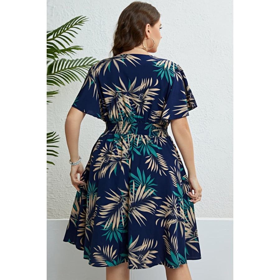 Botanical Print Flutter Sleeve Smocked Waist Dress Dark Navy / 1X