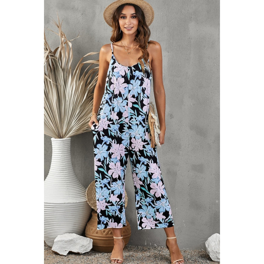 Botanical Print Spaghetti Strap Cropped Jumpsuit Black/Floral / S