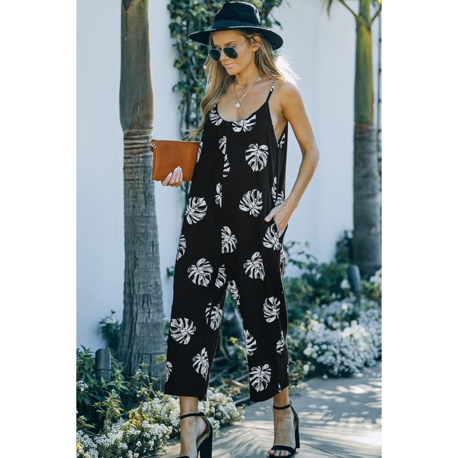 Botanical Print Spaghetti Strap Cropped Jumpsuit Black / S