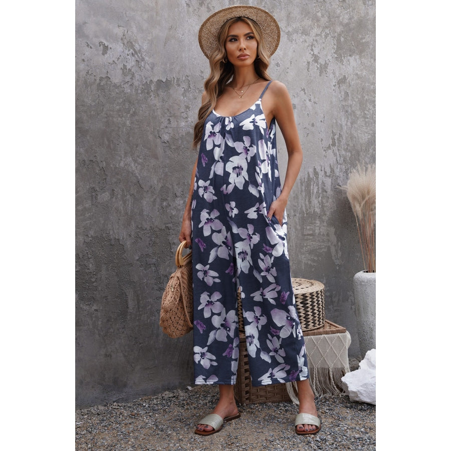 Botanical Print Spaghetti Strap Cropped Jumpsuit Dark Navy / S