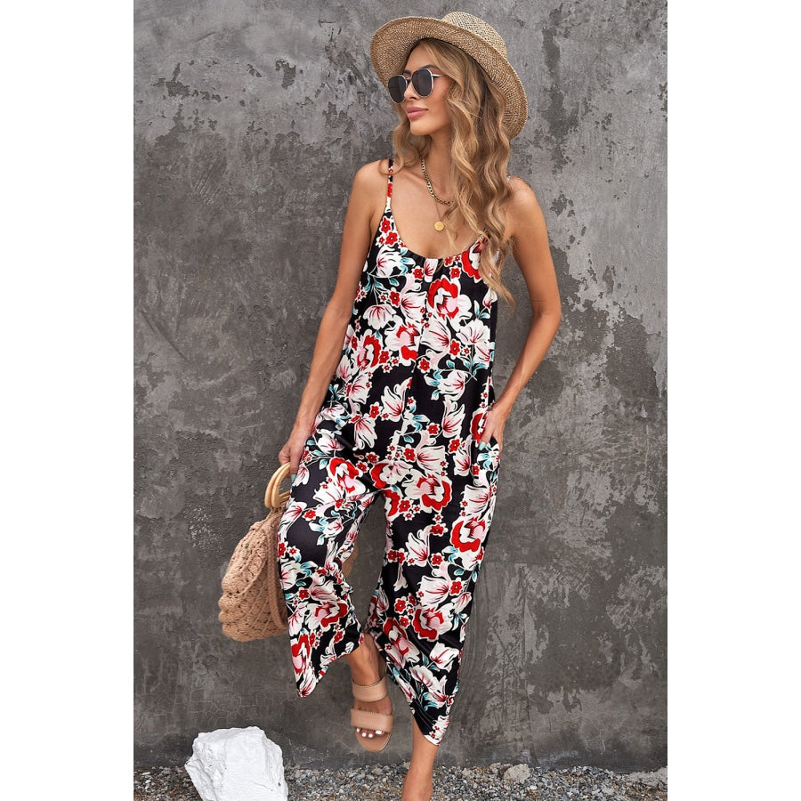 Botanical Print Spaghetti Strap Cropped Jumpsuit Floral / S