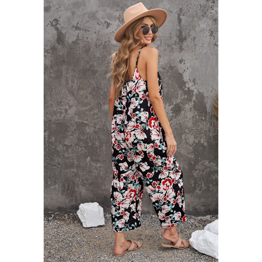 Botanical Print Spaghetti Strap Cropped Jumpsuit