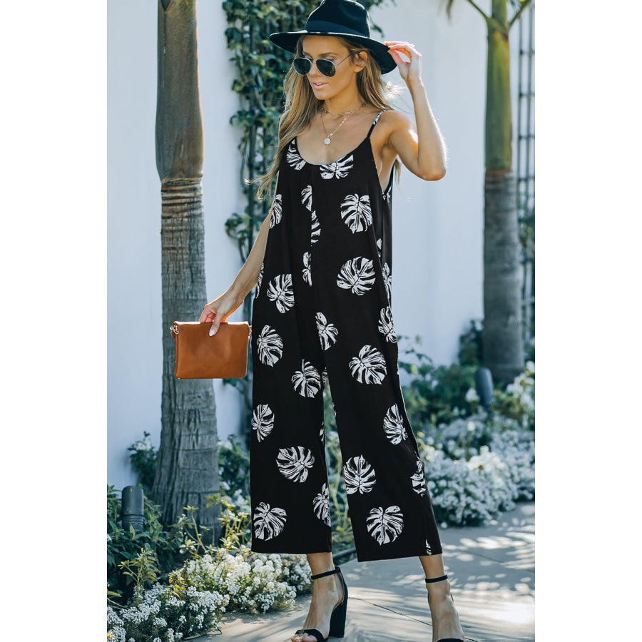 Botanical Print Spaghetti Strap Cropped Jumpsuit