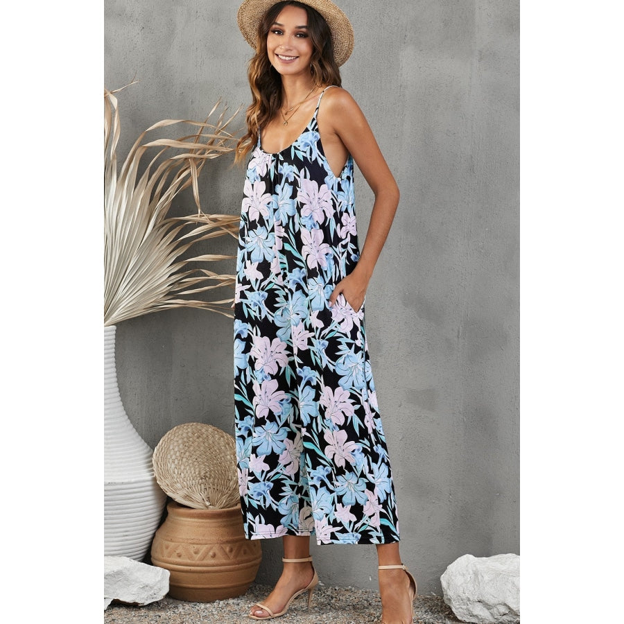 Botanical Print Spaghetti Strap Cropped Jumpsuit