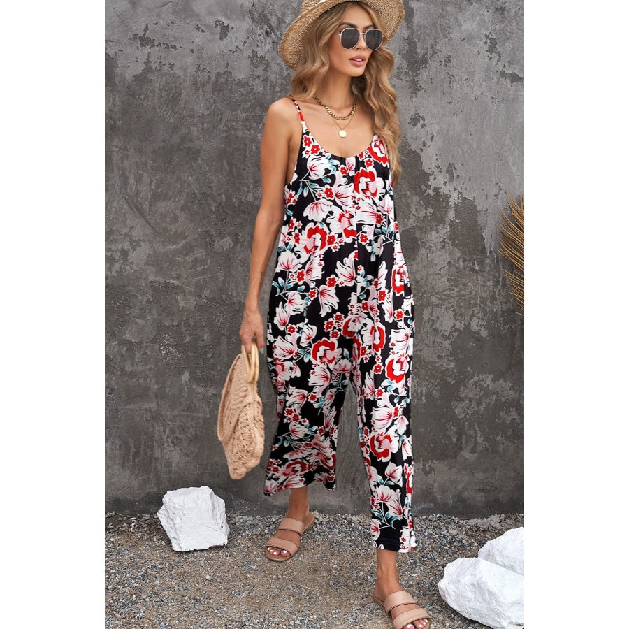 Botanical Print Spaghetti Strap Cropped Jumpsuit