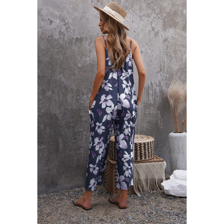 Botanical Print Spaghetti Strap Cropped Jumpsuit