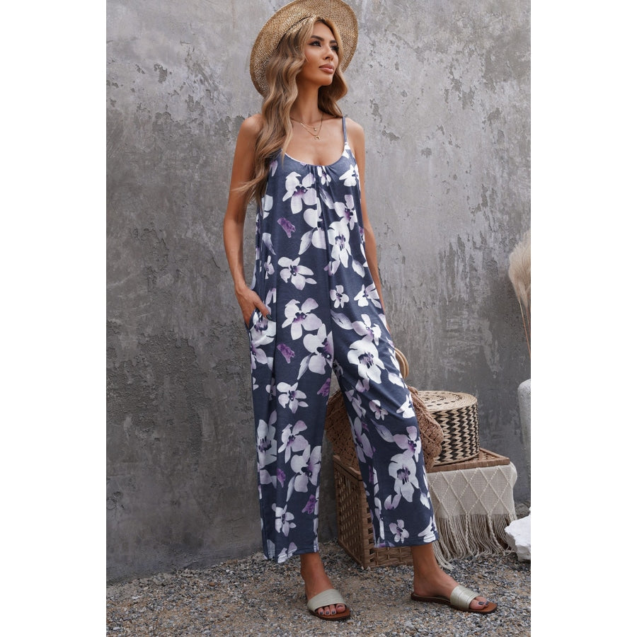 Botanical Print Spaghetti Strap Cropped Jumpsuit