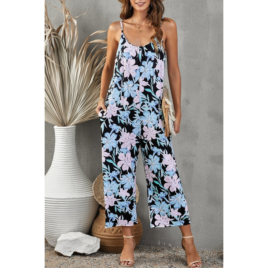 Botanical Print Spaghetti Strap Cropped Jumpsuit