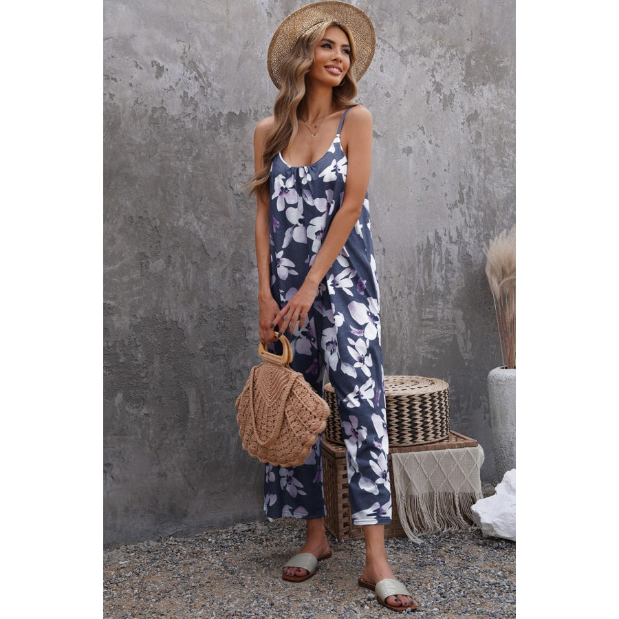 Botanical Print Spaghetti Strap Cropped Jumpsuit