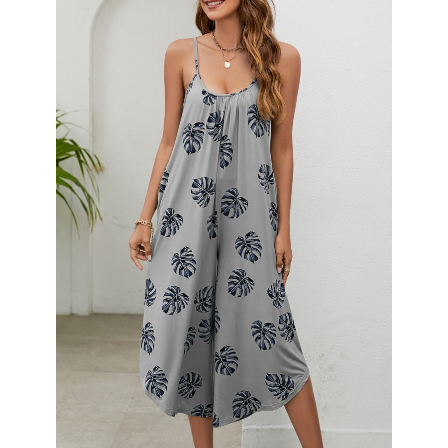 Botanical Print Spaghetti Strap Scoop Neck Jumpsuit Gray Dawn / S