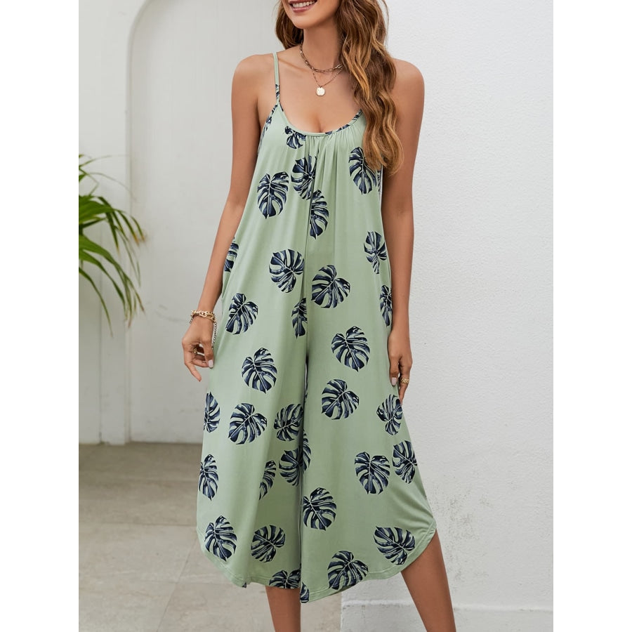 Botanical Print Spaghetti Strap Scoop Neck Jumpsuit Sage / S