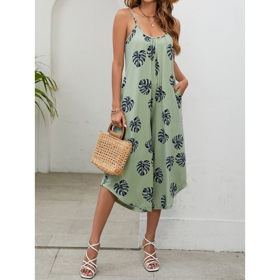 Botanical Print Spaghetti Strap Scoop Neck Jumpsuit