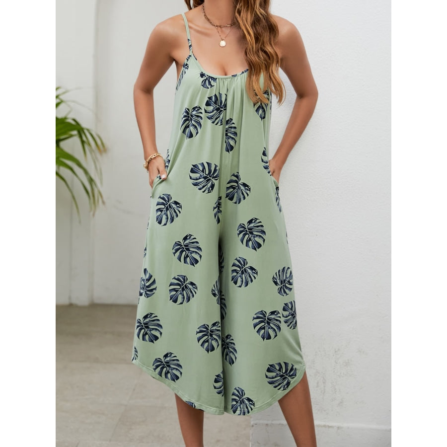 Botanical Print Spaghetti Strap Scoop Neck Jumpsuit