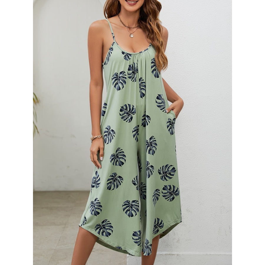 Botanical Print Spaghetti Strap Scoop Neck Jumpsuit