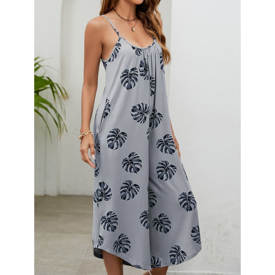 Botanical Print Spaghetti Strap Scoop Neck Jumpsuit