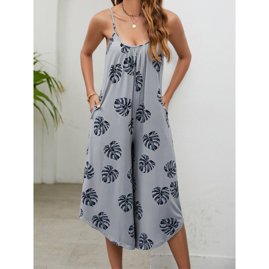 Botanical Print Spaghetti Strap Scoop Neck Jumpsuit